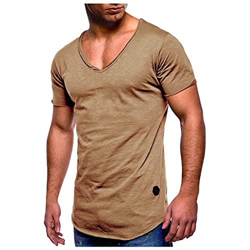 Seringlings T Shirts - Camiseta de manga corta para hombre, cuello en V, ajustada, elástica, básica, informal, deportiva, de manga corta, caqui, XL
