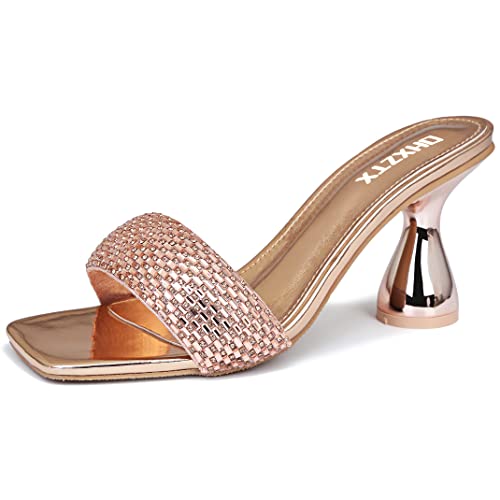 Image of Women's Square Open Toe Kitten Heel Mules, Rhinestone Sandals