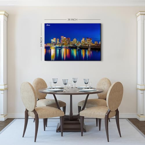 Image of Night Scene Canvas Prints Poster Boston Cityscape Wall Art Nature Blue Skyline Landscape Paintings Wall Decor Building Reflection Picture Artwork Office Bathroom Bedroom Living Room Decorations 24x36 inch