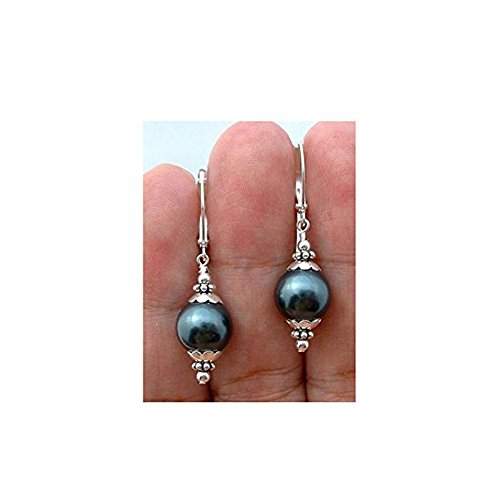 Jaywine2 12mm Tahitian Black Peacock Sea Shell Pearl Sterling Silver Leverback Earrings