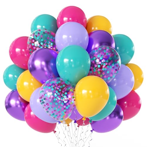 Image of Pink Blue Purple Balloons - 50 Pcs 12 Inch Hot Pink Metallic Purple Teal Yellow Confetti Balloons for Magic Theme Birthday Baby Shower Engagement Party Decoration