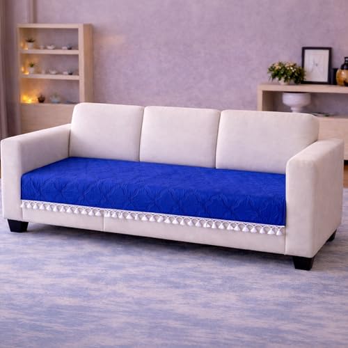 Image of Cortina Velvet Sofa Cover with Tassels | Sofa Couch Protector | Machine Washable Sofa Topper (Blue, 3 Seater)