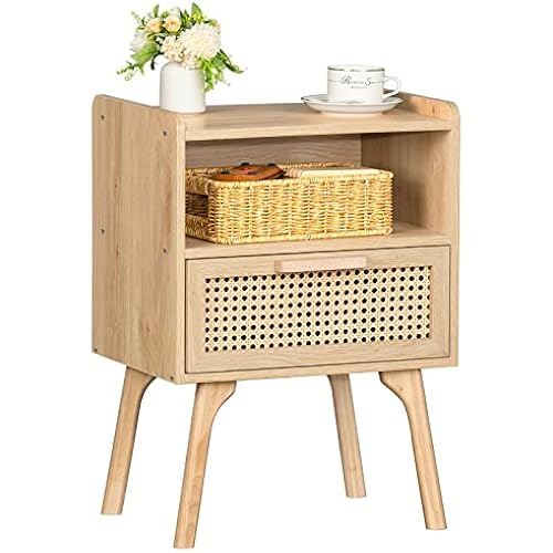 Lerliuo Rattan Nightstand, Boho Side Table with Drawer Open Shelf