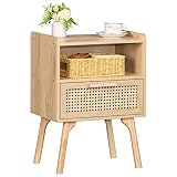 Lerliuo Rattan Nightstand, Boho Side Table with Drawer Open Shelf