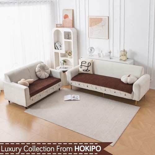 Image of HOKIPO 'Serenity Tassel' Chenille Sofa Cover 3 Seater and 2 Seater with Tassels | Chestnut Luke (IN-891 + IN-892 - BR)