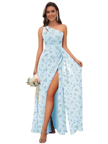 Image of OFEECHUN Women's Chiffon One Shoulder Bridesmaid Dresses Long Pleated Formal Evening Gowns with Slit
