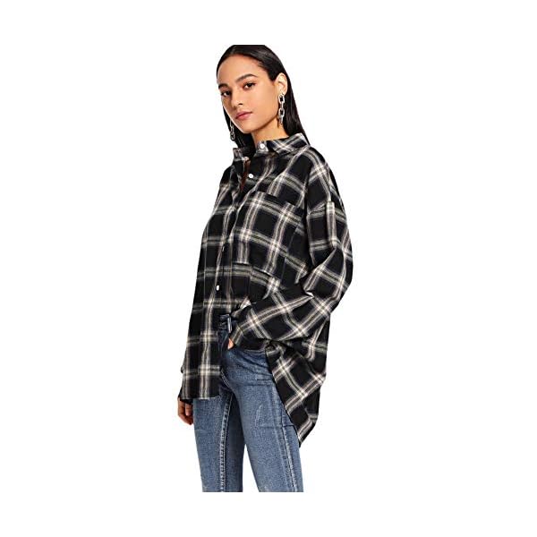 SweatyRocks-Womens-Long-Sleeve-Collar-Long-Button-Down-Plaid-Shirt-Blouse-Tops SweatyRocks Women's Long Sleeve Collar Plaid Long Button Down Shirt Blouse Tops Black Large