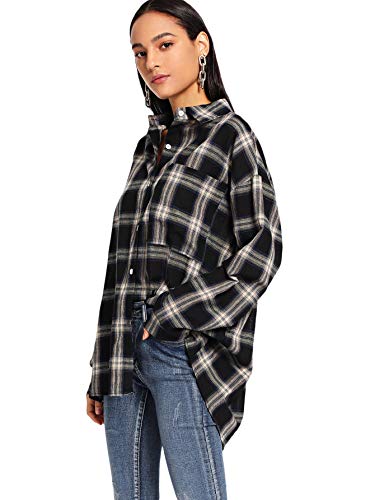 SweatyRocks Women's Long Sleeve Collar Plaid Long Button Down Shirt Blouse Tops Black X-Large