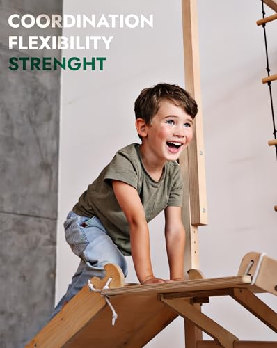 Image of 9-in-1 Wooden Indoor Climbing Frame for Children, Montessori-Inspired Climbing Set with Wall Bars, Monkey Bars, Pull-Up Bar, Rings, Swing, Rope Ladder, Climbing Board, Slide & Platform
