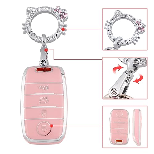 Image of Pangpai Pink Key Fob Cover for Kia, Soft TPU Key Case Protection with Bling Keychain Fit for Kia Forte Koup Niro Optima Rio Sorento Soul Sportage Smart 2 3 4 Buttons Key