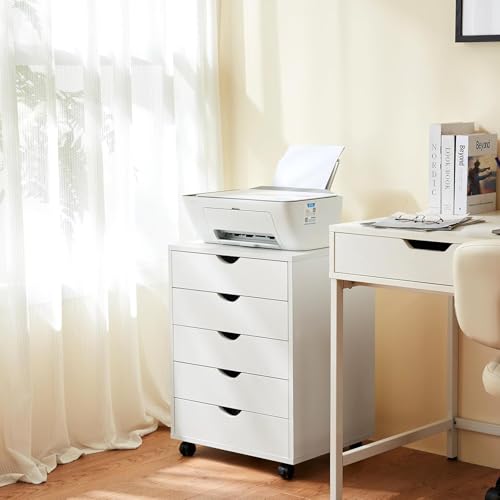 Image of 5 Drawer Chest, Storage Cabinet Dressers with Wheels, Dressers Storage Cabinets, Dresser Mobile Cabinet with Wheels, Room Organizer, Drawers Wood Organization Furniture for Office, Home, White