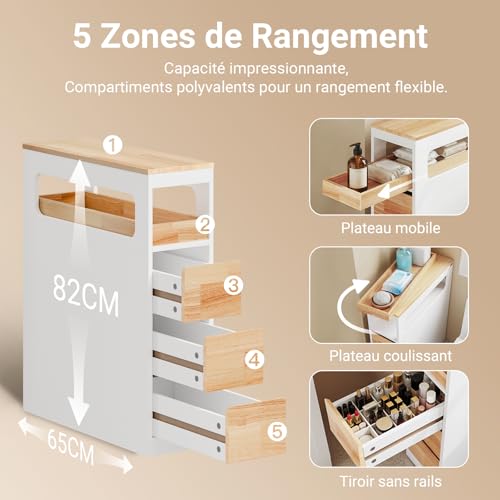 SoBuy Meuble Salle de Bain Rangement - Petit Meuble Toilette Colonne Étroite à Roulettes, 3 Tiroirs avec Plateau en Hévéa Gain de Place pour WC et Cuisine Blanc et Couleur Bois 65x23x82cm BZR54-III-WN – vue 7