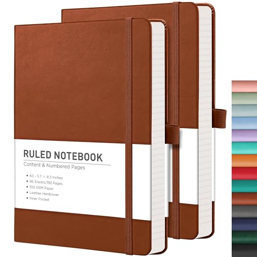 RETTACY-Journaling-Notebooks-2-Pack-A5-Lined-Notebook-Journal-with-192-Numbered-Pages-per-Pack-57--83-Medium-Journals-for-Writing-Leather-Hardcover-100-GSM-Thick-Paper-Brown-Brown