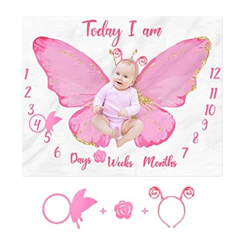 Eunikroko Butterfly Baby Milestone Blanket Watercolor Baby Girl Monthly Blanket Age Photo Props Soft Fleece Blanket Milestone Newborn Baby Gift Idea Photography Backdrop Cover