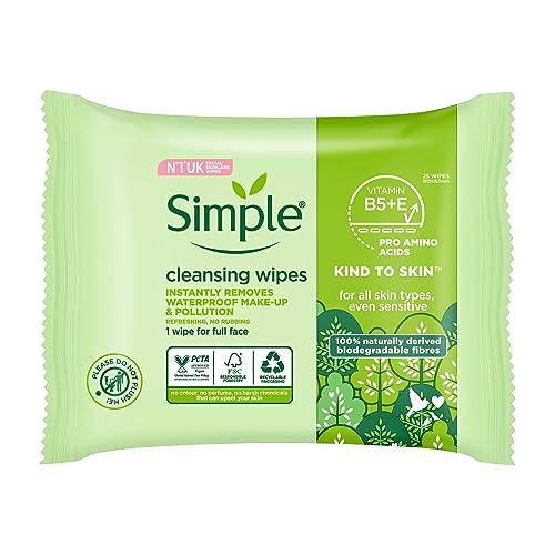 Simple Sensitive Skin Experts Kind To Skin Cleansing Facial Wipes, Waterproof Mascara Remover, Even Softer, 25 Count, (4 Pack)