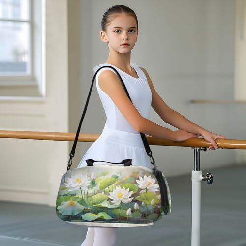 Watercolor White Lotus Duffle Bag for Girl, Sports Duffle Gym Bags with Shoe Compartment, Personalized Overnight Bag Travel Weekender for Kids4