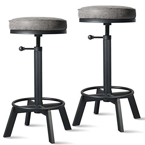 Vintage Bar Stools Set of 2 Industrial Bar Stool Swivel PU Seat Counter Height Adjustable 24-28inch Kitchen Isand Dining Chair