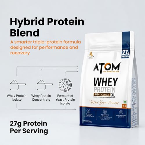 Image of AS-IT-IS ATOM Whey Protein XL, Irish Chocolate, 1kg - with DigeZyme & Fermented Yeast Protein I High Absorption, Supports Muscle Growth, Recovery & Strength - Hybrid Protein for All Day Fuel