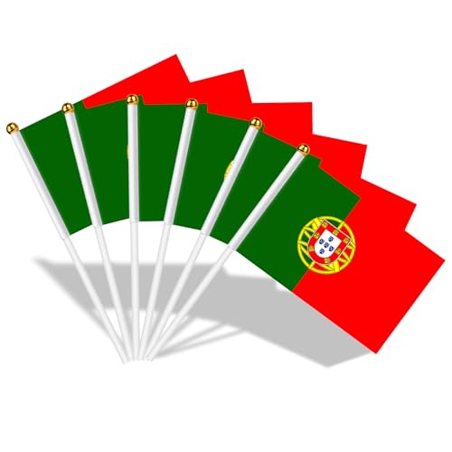 AhfuLife Bandera de Mano Portugal, 15 Piezas Bandera Portugal Pequeña con 30cm Palo para Decoraciones de la Copa Mundial, Copa Europea, Eventos Deportivos, Celebración, Desfile, Día Nacional, Fiesta