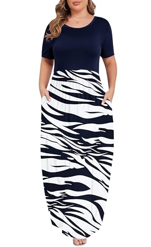 Image of KARALIN Women Plus Size Maxi Dress Short Sleeve Round Neck Loose Fit A-Line | Plus Size Long Dress,Summer Casual Maxi Dresses,Short Sleeve,Side Pockets,Round Neck,Elastic Waist,14 Plus - 26 Plus