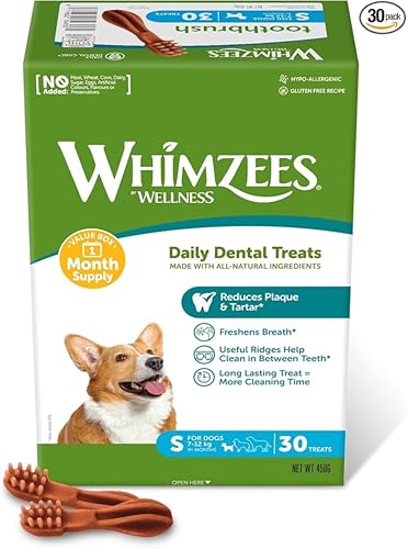 WHIMZEES Cepillos de Dientes S, Caja Mensual, 30 Piezas – Talla S, Golosinas para Perros Pequeños, Naturales y Sin Cereales, Vegetarianas, Sin Azúcares Añadidos