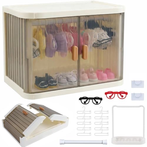 Doll Wardrobe Storage Box Foldable Doll Closet Equipped with 15 Hangers Two Pairs of Glasses one Earphone and a Pole for 15/17cm Doll Clothes Stackable Organizer Cabinet with Dust-Resistant Cover