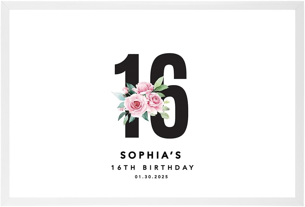 Andaz Press 12x18-Inch Personalized Sweet 16 Signature Frame Guest Book Alternative Round Custom Photo Sign in Board Wall Art Poster Keepsake for Girls Sixteen 16th Birthday Party Decorations, 1-Pack