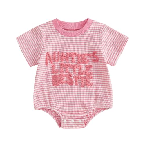 XRTBMN Aunties Little Bestie Baby Outfit Newborn Girl Summer Clothes Short Sleeve Letter Bodysuit Waffle Striped Romper (Pink 0-3 Months)
