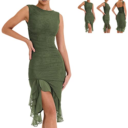 Zhongle 3D Flowers Halter Dress for Women,Sexy Floral Tassels Dress,Y2k Sleeveless Open Back Tassels Dress Sheer for Women (A-Green,Medium)