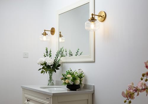 Image of Yosoan Brass 1-Light Indoor Modern Wall Sconce, Vanity Boho Modern Gold Single Vintage Industrial Wall Mount Fixture with Striped Glass Shade for Bathroom Kitchen Mirror Bedroom Dinning Room(Antique)