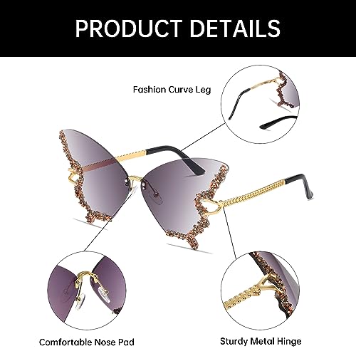 YAMEIZE Diamond Butterfly Rimless Sunglasses - Trendy Crystal Rhinestone Butterfly Eyewear UV Protection for Women Men Party4