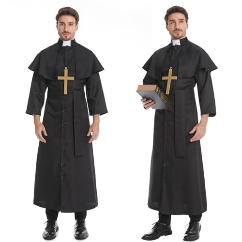 clasToonrain Priester Kostüm Herren, Halloween Kostümn Funny FaschingsKostüme MäNner MöNch Kostüm mit Pfarrer Zubehör für Karneval Fasching Mottoparty (Schwarz,M)