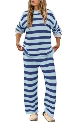 Image of SENSERISE Womens Striped Set Sweater Lounge Sets | Pajamas Set, Loungewear Set, Oversized Knit Sweater, Wide Leg Pants with Pockets, Fall Outfits, Pants Set