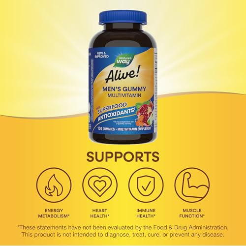 Nature's Way Alive! Men's Multivitamin Gummies, Supports Energy Metabolism*, Muscle Function*, Superfood Antioxidants(1), B-Vitamins, Vegetarian, Fruit Flavored, 150 Gummies (Packaging May Vary)