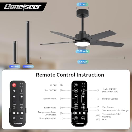 Image of 42 Inch Ceiling Fans with Lights and Remote for Bedroom Living Room Kitchen Home Office Indoor /Outdoor, 6CCT Dimmable, Dual Color 5 Blades, 6 Speed Reversible Quiet DC Motor, Black /Wood Grain