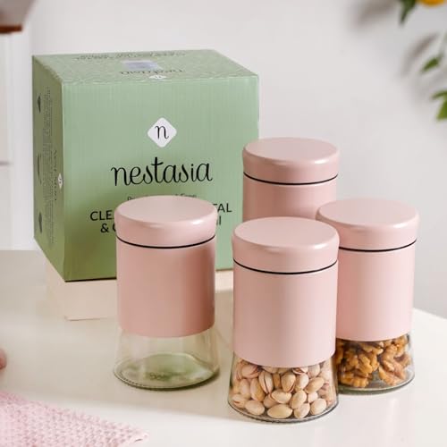 Image of Nestasia Metal Jacketed Glass Jars Set of 4 (800 ml) | Airtight See - Through Glass Containers with Lids for Kitchen Storage - Ideal for Storing Snacks, Dry Fruits, Pickles or Pulses (Pastel Pink)