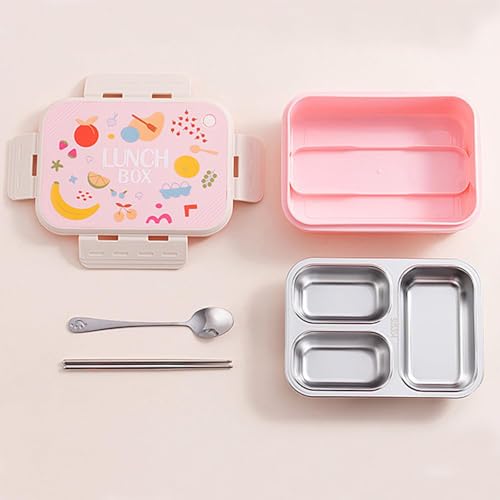 Image of Stainless Steel Lunch Box | 3-Compartment Bento Box, Leak-Proof, BPA-Free, Eco-Friendly Meal Prep Container for Adults, Kids, School, Work, & Travel | Durable & Portable Tiffin Box (Pink)