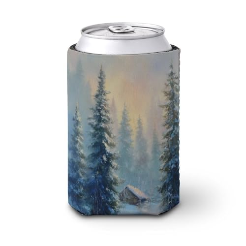 Funda refrigeradora para latas de cerveza, paisaje invernal, pinos nevados, casa, cubierta de latas, enfriador de cerveza, suave, aislante, soporte para bebidas para fiestas, playa, eventos, hogar