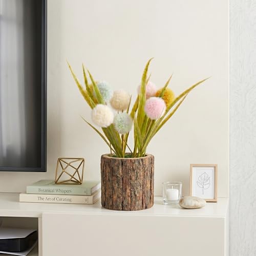 Image of Dekorly Artificial Multi Colour Pingpong Flower with Real Wooden Vase (28CM Overall Height) | Decorative Lifelike Faux Floral Plant in Rustic Tree Log Pot for Living Room(Pingpong Flower)
