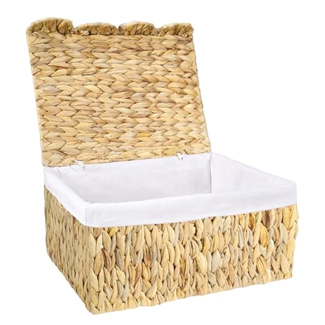 Storage Basket with Lid, Water Hyacinth Wicker Basket for Shelves, Woven Blanket Storage Baskets with Handles, Removable Liner, Metal Frame, for Bedroom, Laundry Room, Natural