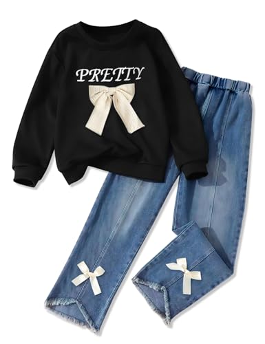 Image of Kids Toddler Girl Long Sleeve Bow Sweatshirt & Denim Straight Leg Jeans Pants Fall Winter Outfits Set