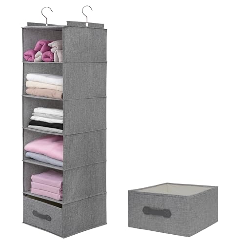 tulinstiraga Large Hanging Sweater Organizer for Closet,Collapsible 6-Shelf Hanging Closet Shelves with Drawers, Washable (Grey-6 Shelf-1 d)