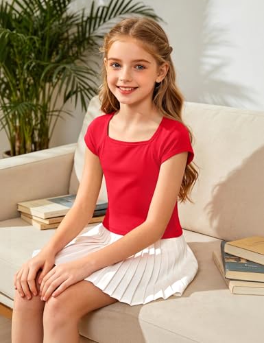 Image of Crop Tops for Girls Short Sleeve Shirt Girls Summer Tops Square Neck Slim Fit Tops Basic Tee