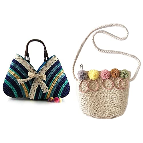 Sac en paille fille pour les sorties d'été avec son noeud arc-en-ciel dentelle