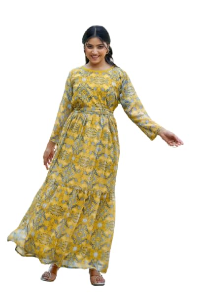 Yellow Georgette Fabric Gown with Crepe Lining for no Transparency Frill Pattern Puff Sleeve Pattern with Belt Gown-image-18