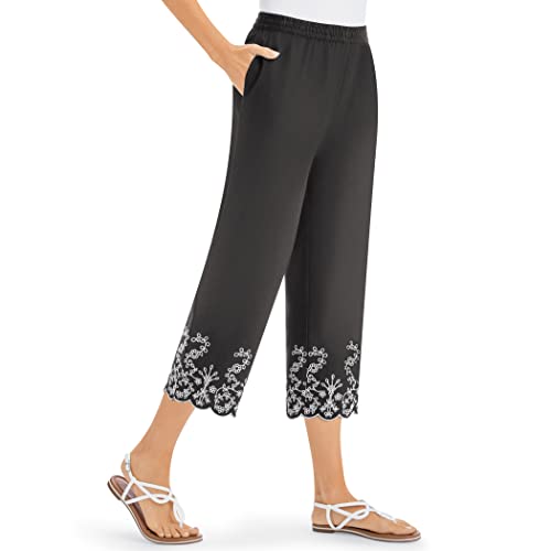 Collections Etc Embroidered Scallop Hem Cotton Capri Crop Pants
