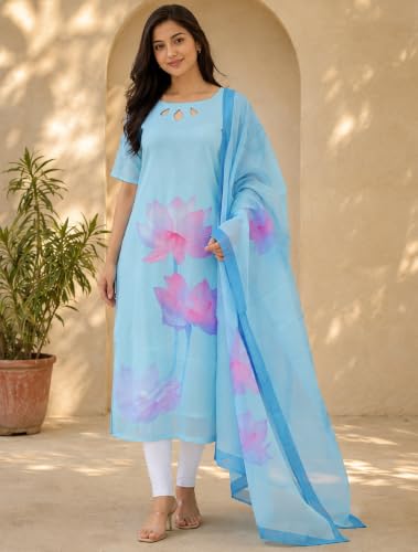 Image of Sun Fashion And Lifestyle Chanderi Printed Straight Kurta With Dupatta Set