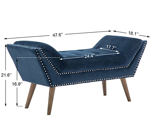 chairus Upholstered Entryway Bench with Arm, Velvet Fabric Vanity Bench with Tufted Button & Nailhead Trim, Midnight Blue (Light Navy)