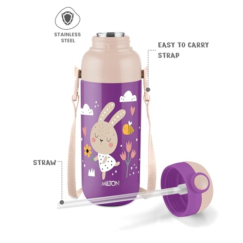Image of Milton Steel Indus 400 Thermoware PU Insulated, 390 ml Water Bottle with Straw for Kids, Leak Proof Flip Top Sipper Lid Bottle, School, Picnic, Easy to Carry Belt, Purple