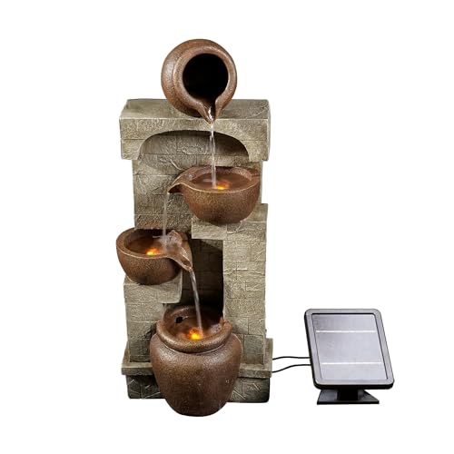 Image of Teamson Home 28 in. Cascading Bowls and Stacked Stones LED Outdoor Water Fountain for Outdoor Living Spaces to Create a Calming Oasis in Gardens and Landscaping, on Patios, Balconies, Lawns, Brown | Outdoor Water Fountain, For Gardens and Landscaping, For Patios, Balconies, Lawns, Creates Calming Oasis